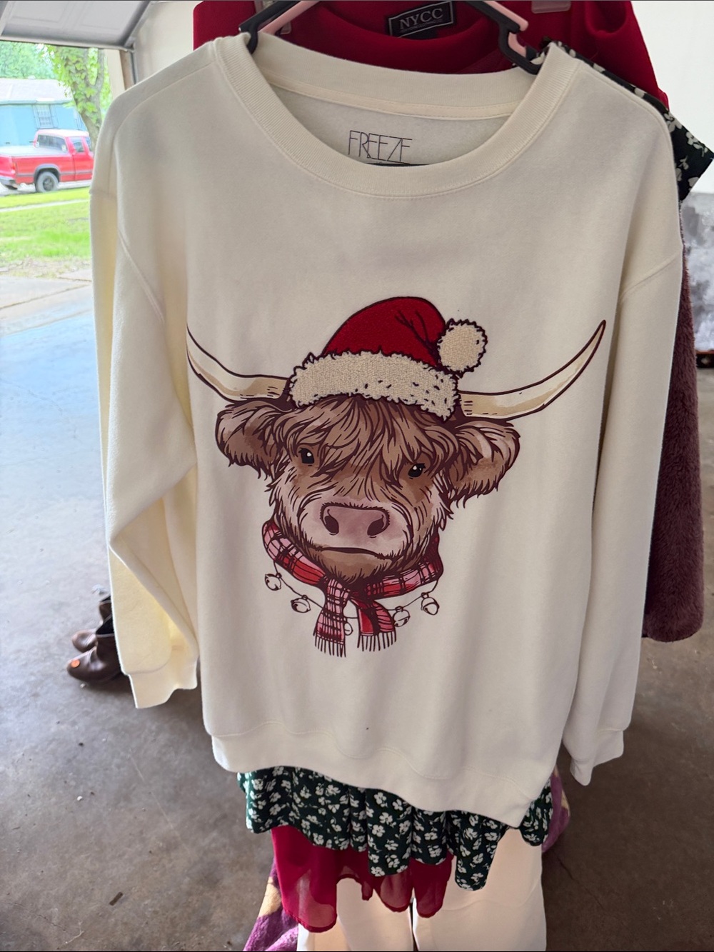 Freeze Cream Highland Cow Holiday Sweatshirt with Red Hat